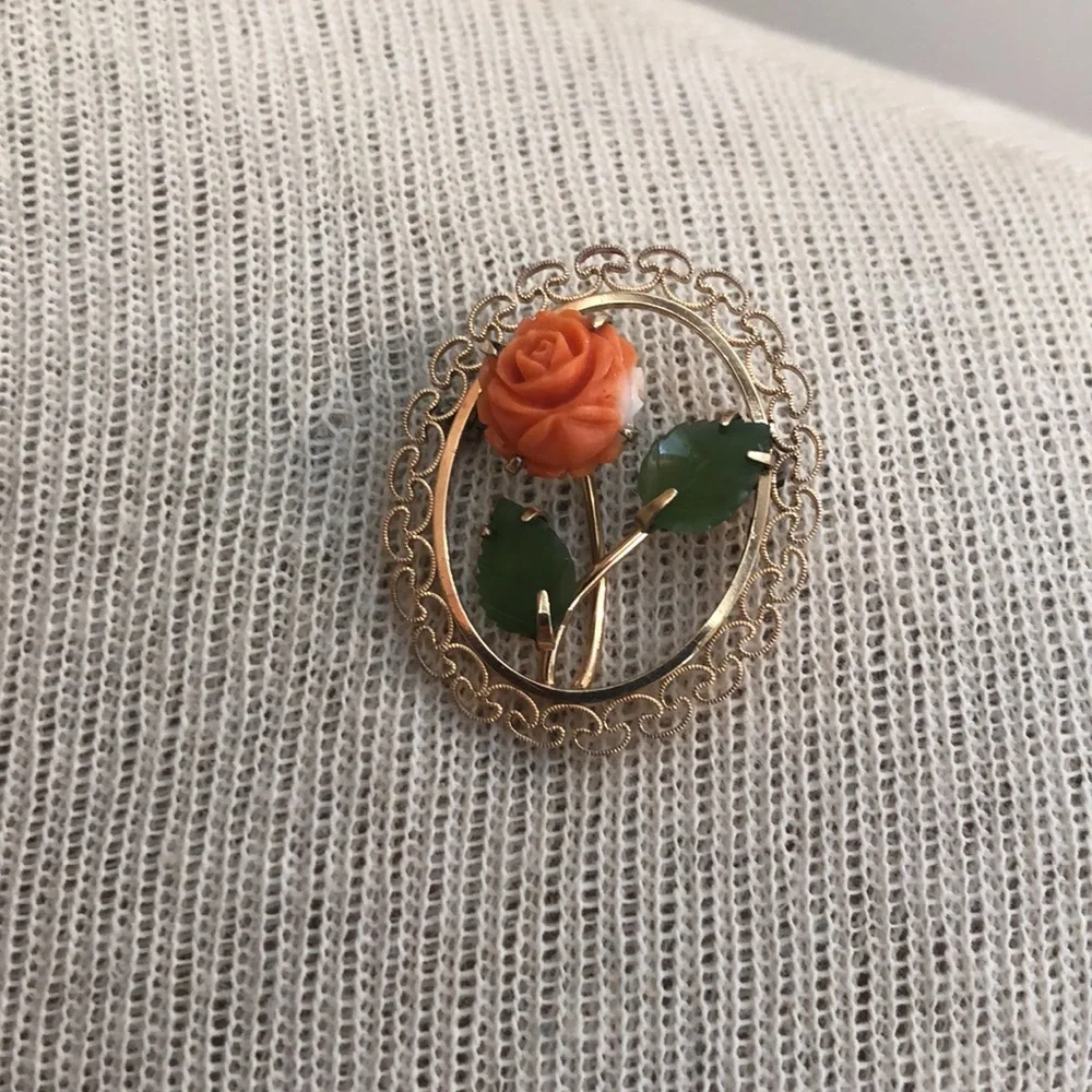 Vintage Gold Plated Coral Rose and Jade Leaves Pin